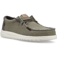 HEYDUDE Wally moccasins in braided polyester, burnt olive and brown, with white soles and lace-up design.