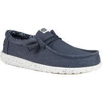 Navy HeyDude Wally Stretch Canvas Shoes with speckled white sole and patterned interior lining.