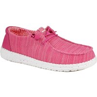 Fuschia HeyDude Wendy Stretch Sox shoes with white speckled sole and lace-up design.