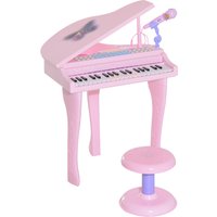 Pink HOMCOM mini electronic piano with microphone, stool, and butterfly design on lid, ideal for interactive play.