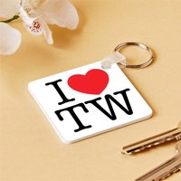 Square keychain with "I ♥ TW" design, white background, metal ring, next to keys and a white flower.
