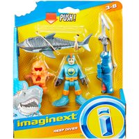 Imaginext Reef Diver Figure with blue suit, orange flippers, helmet, gray shark, and orange sea creature accessory.