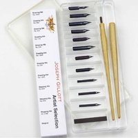 Clear plastic case with assorted metal nibs and two wooden holders, labeled "Joseph Gillot Artist Selection Set."