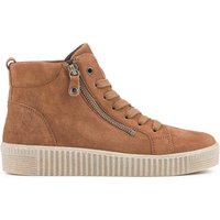 Tan suede hi-top sneakers with side zipper, lace-up front, and textured rubber sole.