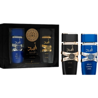 Lattafa Asad gift set with black and blue 100ml bottles, gold and silver accents, in a black box with gold emblem.