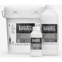White Liquitex Professional Pouring Medium bottles and tub with black labels and text, various sizes displayed.