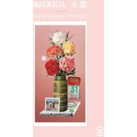 Pink book cover with a vase of colorful flowers, a calendar, and a small photo on a floral-patterned table.