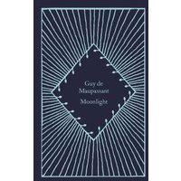 Navy hardcover book "Moonlight" by Guy de Maupassant with light blue geometric line design.