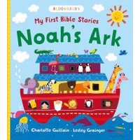 Children's book "Noah's Ark" with colorful animals on a red ark under a sunny sky, by Charlotte Guillain and Lesley Grainger.