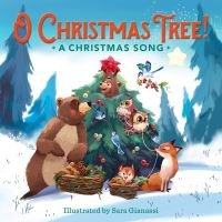 Children's book "O Christmas Tree!" with animals decorating a Christmas tree in a snowy forest.