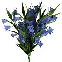 Pack of 6 blue trumpet artificial flower stems, 100cm tall, with green leaves and detailed petal texture.