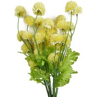 Pack of 6 artificial yellow dahlia pompom stems, 50cm, with green leaves and detailed round blooms.