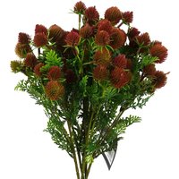 Pack of 6 red artificial Craspedia stems, 55cm tall, with round textured blooms and green foliage.