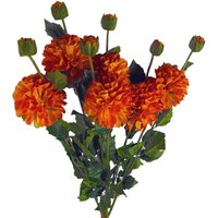 Pack of 6 artificial orange Dahlia PomPom flower stems, 75cm, with lush green leaves and vibrant round blooms.