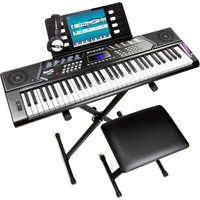 Black RockJam RJ5061 electronic keyboard with stand, headphones, music stand, and padded bench.