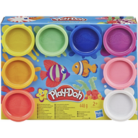 Play-Doh Rainbow Set with eight colorful cans in yellow, green, blue, pink, red, and white on a vibrant fish-themed box.