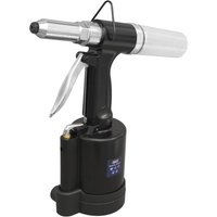 Black and silver Sealey SA312 air riveter with ergonomic handle and transparent rivet collector.