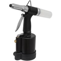 Black and silver Sealey SA314 air riveter with ergonomic handle and transparent collection bottle.