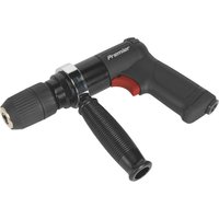 Black Sealey air drill with 13mm keyless chuck, ergonomic handle, and side grip for stability.