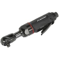 Black Sealey air mini ratchet wrench with 3/8" drive, compact design, red accent, and ergonomic grip handle.