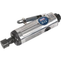 Silver Sealey air die grinder with ribbed grip, safety lever, and black collet nut.