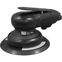 Black Sealey palm air sander with 150mm disc, ergonomic grip, and compact design.