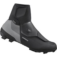Black and gray Shimano MW7 Gore-Tex MTB shoes with high ankle cuff and rugged sole.