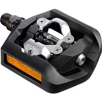 Black Shimano PD-T421 Click R pedal with silver clip mechanism and orange reflector.