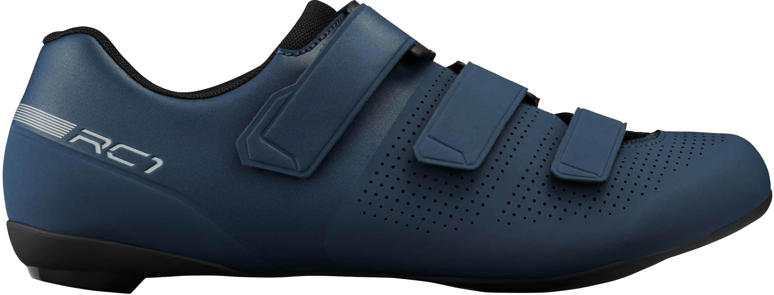 Navy Shimano RC102 road cycling shoes, size 42, with three Velcro straps and perforated design for ventilation.