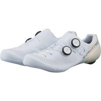 White Shimano RC9 S-Phyre women's cycling shoes with dual BOA dials and sleek aerodynamic design.