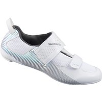 White Shimano TR5 women's cycling shoe with dual Velcro straps and mesh panels for breathability.