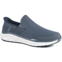 Navy Skechers slip-on shoes with mesh upper, cushioned collar, and white sole.
