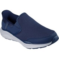 Navy Skechers Equalizer 6.0 Textile Men's Trainers with slip-on design, mesh upper, and white cushioned sole.