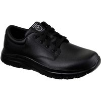 Black Skechers Fourche men's slip-resistant work shoes with lace-up design and cushioned sole.