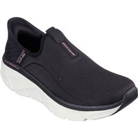 Black and pink Skechers Women's D'Lux Walker 2.0 shoes with slip-on design, mesh upper, and thick white sole.