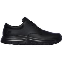 Black Skechers occupational shoe, lace-up design, slip-resistant sole, smooth finish, size 11.