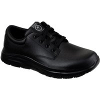 Black Skechers work shoe with lace-up design, padded collar, and slip-resistant sole, size 7.
