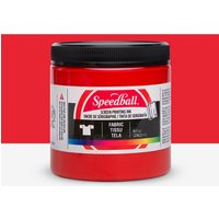 Red Speedball fabric screen printing ink, 237ml jar with black lid and colorful label.