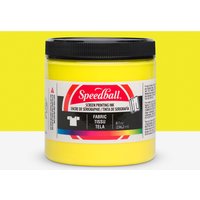 Yellow Speedball fabric screen printing ink in a 237ml jar with a black lid and red label.