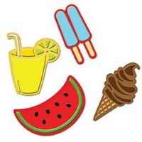 "Colorful Sweet Treats stickers with lemonade, blue popsicles, watermelon slice, and chocolate ice cream cone designs"