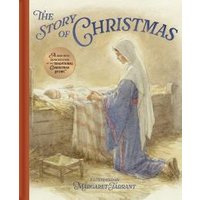 "The Story of Christmas" book with illustrated cover of Mary kneeling by baby Jesus in a manger, red spine.