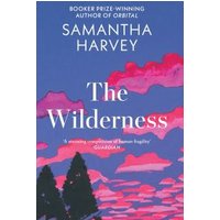 Blue book cover of "The Wilderness" by Samantha Harvey, featuring pink clouds and dark tree silhouettes.