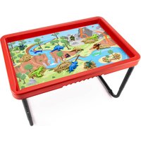 Red Toyrific Sea and Dinosaur Activity Table with colorful prehistoric landscape and black foldable legs.