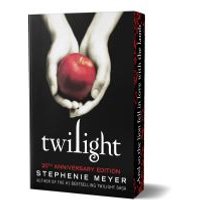 "Twilight book cover with hands holding a red apple, black background, white text, 10th anniversary edition by Stephenie Meyer"