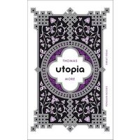 "Book titled 'Utopia' by Thomas More, ornate black and purple cover with floral and geometric patterns"