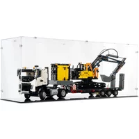 Display case for LEGO 42175 with Volvo FMX truck and EC230 electric excavator, clear acrylic with black base.