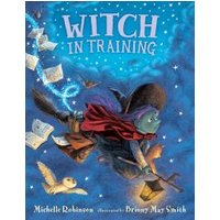 "Witch in Training" children's book cover with a flying witch, owl, and floating books against a starry blue sky.