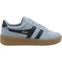 Gray suede Gola Grandslam trainers with black stripes, gold logo, and gum sole.