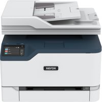 Xerox C235 multifunction printer, white with dark blue top, touchscreen, ADF, dual trays, compact design.