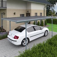 Gray Palram Canopia Verona 5000 metal carport with flat roof and sturdy frame, sheltering a white sedan.